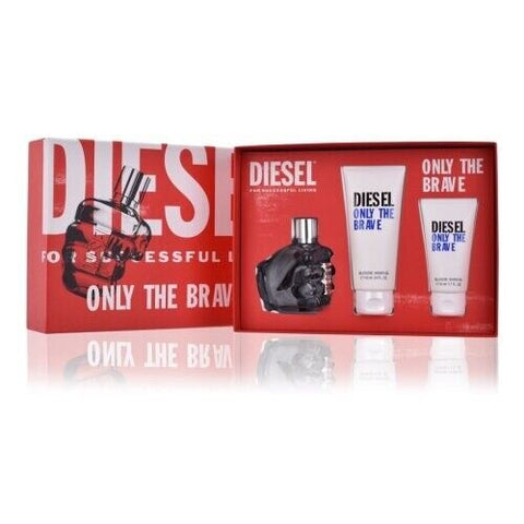 Diesel Only The Brave Gift Set 75ml Edt Spray + 100ml + 50ml Shower Gel For Men